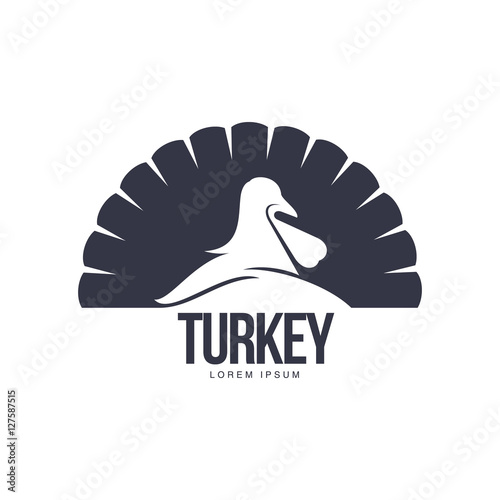 Stylized simplified turkey silhouette graphic logo template, vector illustration on white background. Black and white front view simplified turkey for business, farm, poultry logo design