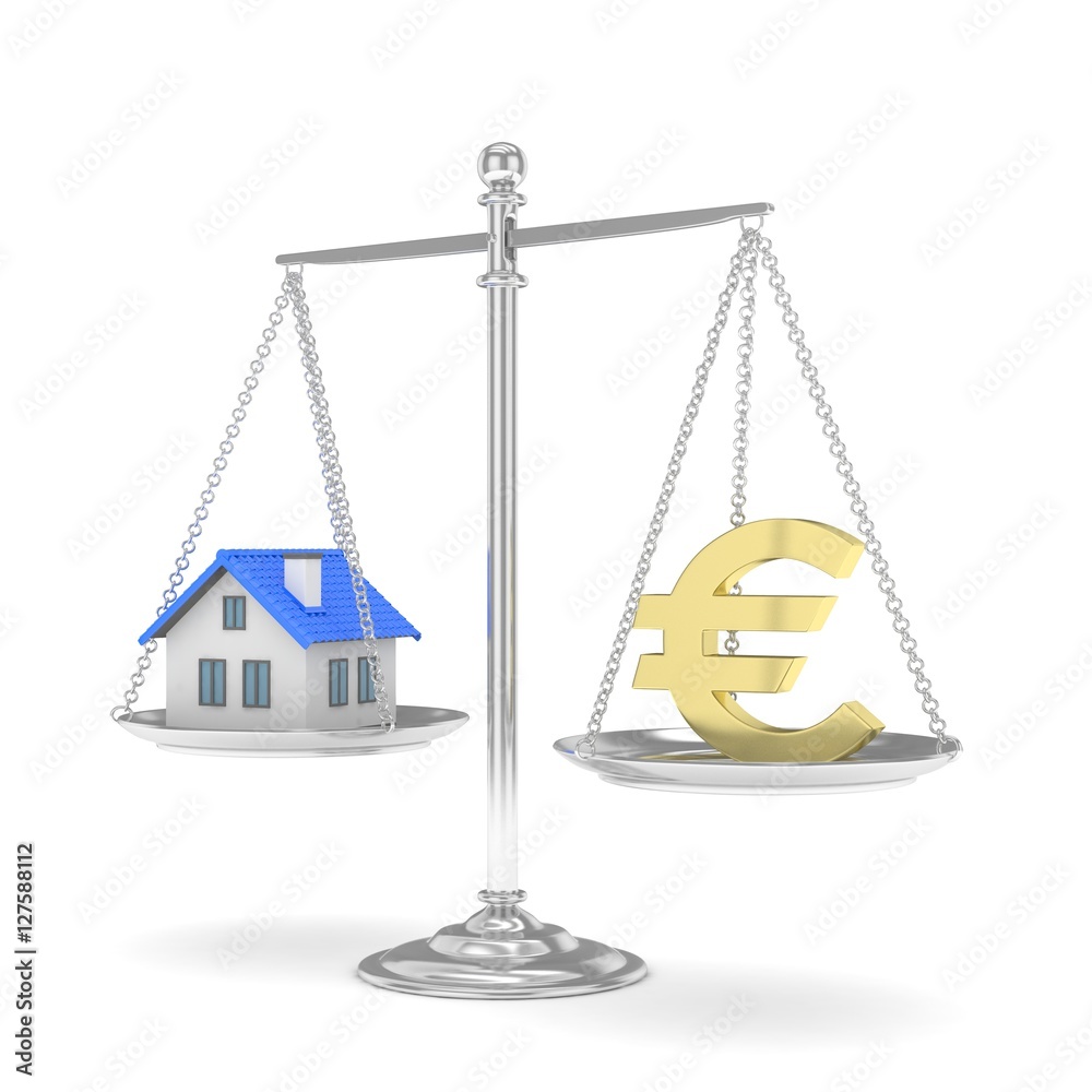 Isolated silver scales with golden euro and house on white background. Investment or savings concept. Real estate and currency. 3D rendering. Isolated silver scales with golden euro and house on white background. Investment or savings concept. Real estate and currency. 3D rendering.
