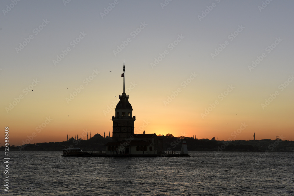 Maiden's Tower with sunset on Istanbul bosphorus with long exposure shot