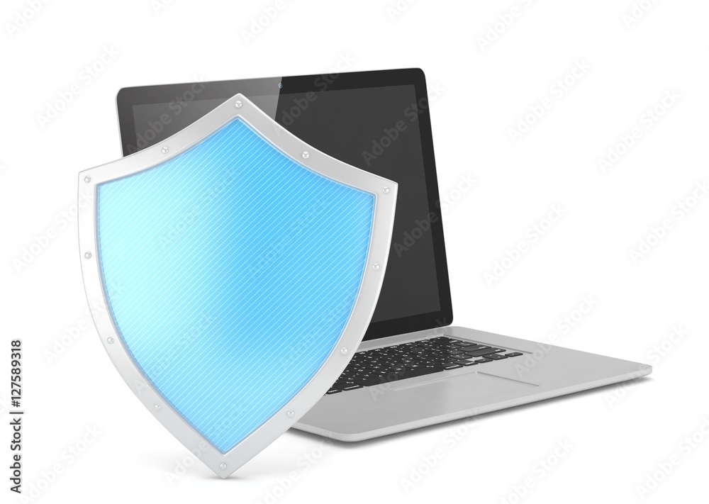 Laptop and shield on white, computer security concept. 3d rendering. Laptop and shield on white, computer security concept. 3d rendering.
