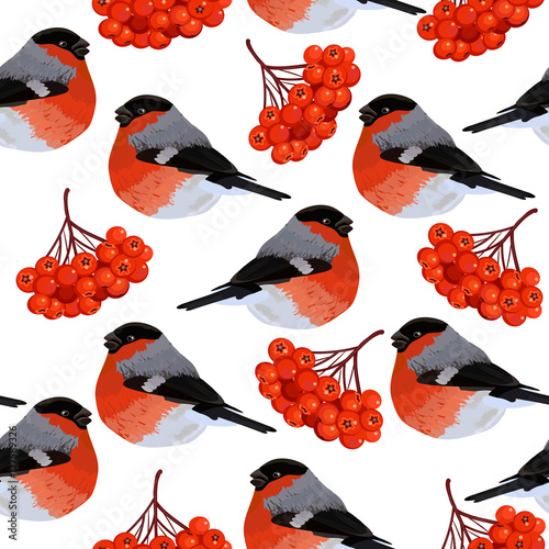 Seamless pattern with rowan and bullfinches