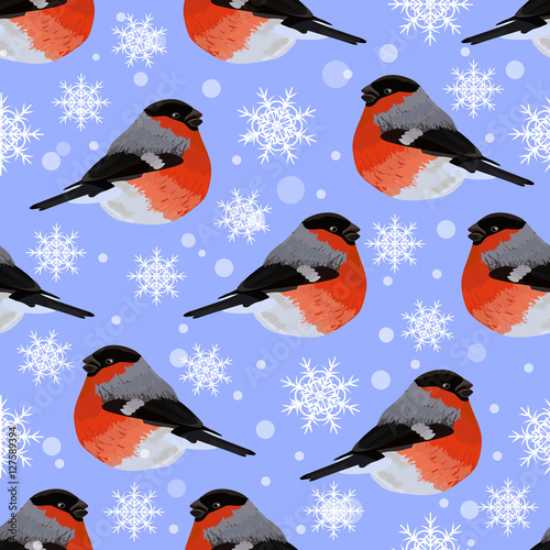 Seamless pattern with snowflakes and bullfinches