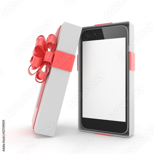 Smartphone in gift box. Isolated on white background. 3d rendering.