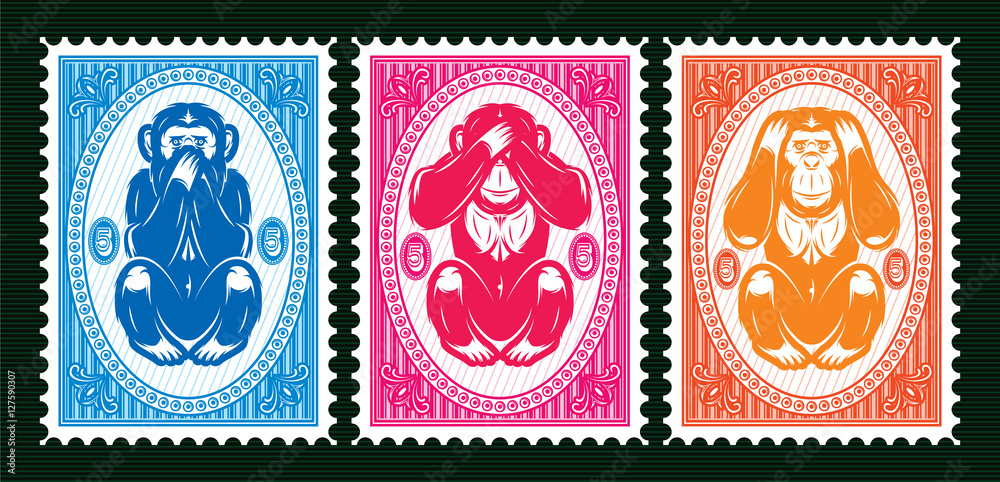 Obraz premium three colored vector template with three monkeys