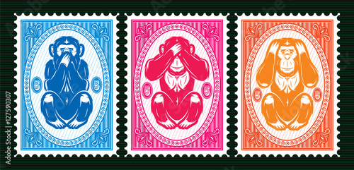 three colored vector template with three monkeys