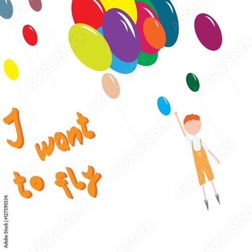 boy flying with colorful balloons in the sky