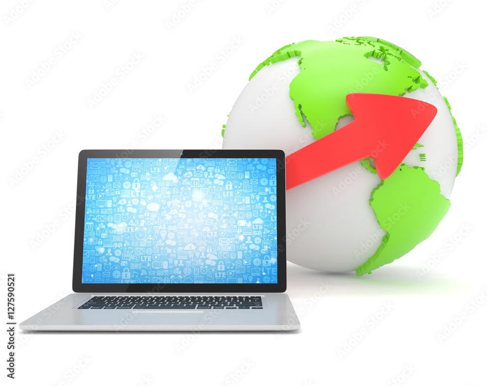 Laptop network and earth globe. 3d render Laptop network and earth globe. 3d render