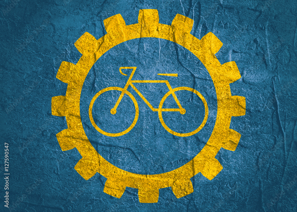 bicycle icon in gear. Minimalistic sign on concrete textured background. Trendy Flat style for graphic design