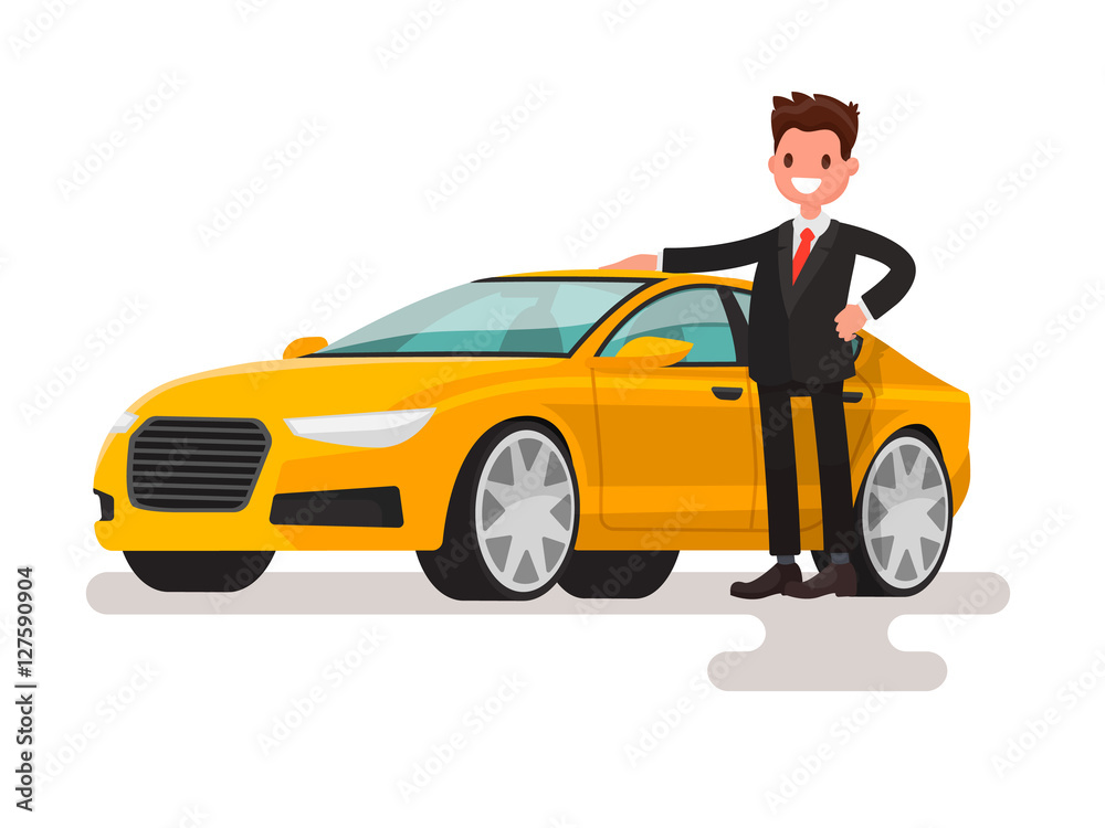 Happy man dressed in a suit next to the car. The seller or the o Happy man dressed in a suit next to the car. The seller or the o