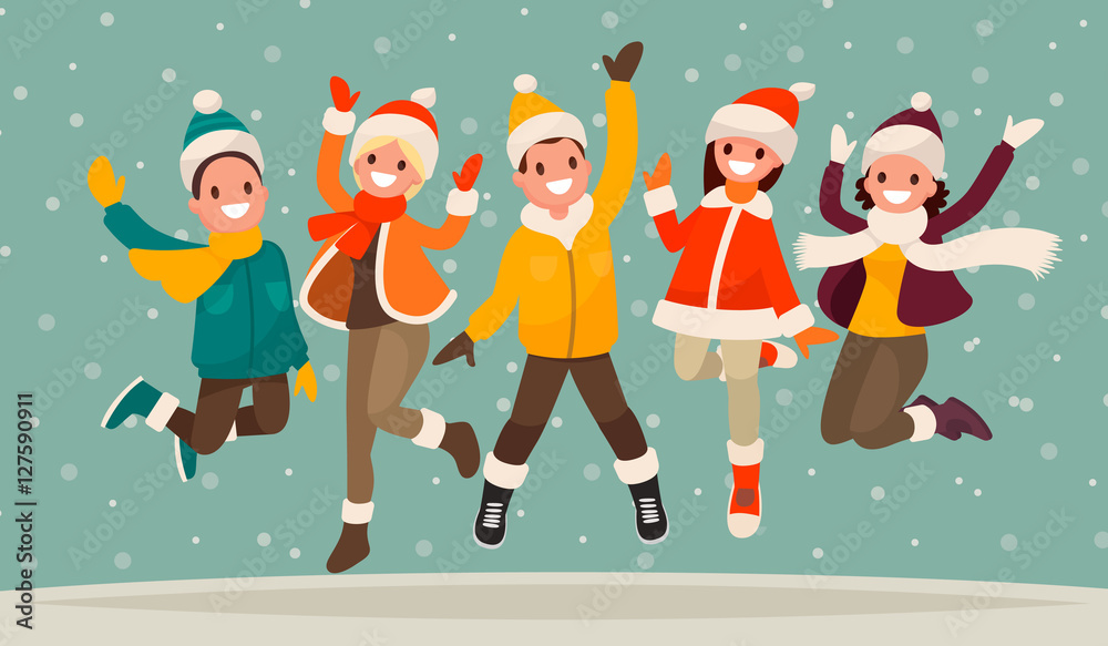 Happy winter vacation. Warmly dressed people in the jump. The co Happy winter vacation. Warmly dressed people in the jump. The co
