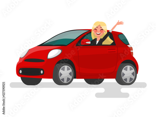 Riding on the machine. Happy blond woman rides in the car. Vecto