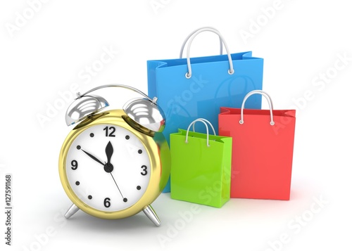 alarm clock and shopping bag (time to buy concept). 3d rendering.