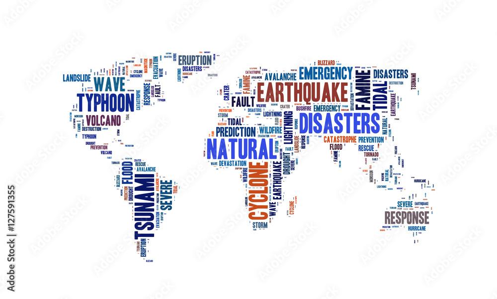 Natural disasters word cloud in the shape of the Earth, background Natural disasters word cloud in the shape of the Earth, background