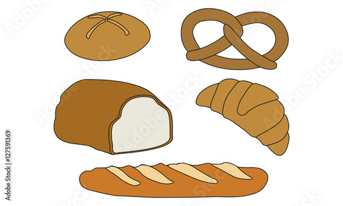 Schlichte Gebäck Illustration - Brötchen, Brezel, Brot, Baguette, Croisssant