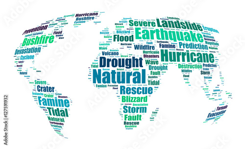 Natural disasters word cloud in the shape of the Earth   background