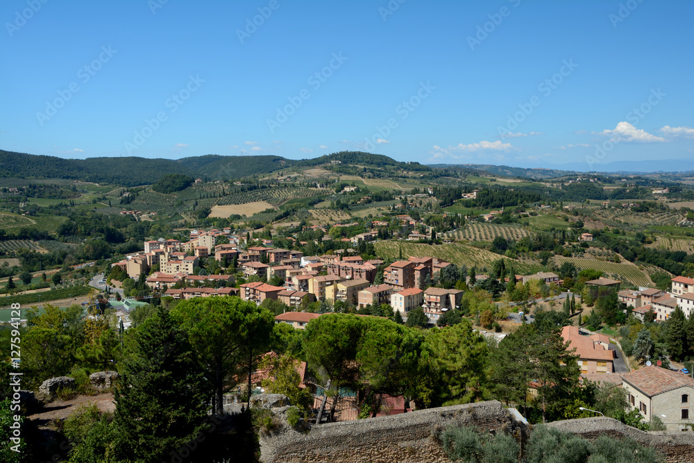 Viev of San Gimignano and surrounding landscape.