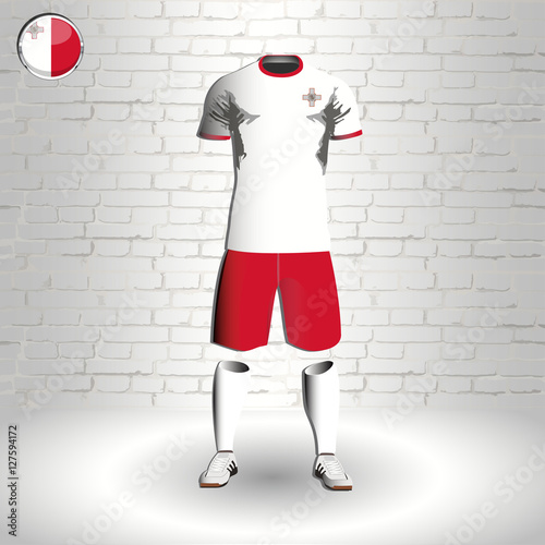 eps 10 vector football Malta team player uniform template. National colors sportwear. Maltese flag button chrome ring. Brick wall background