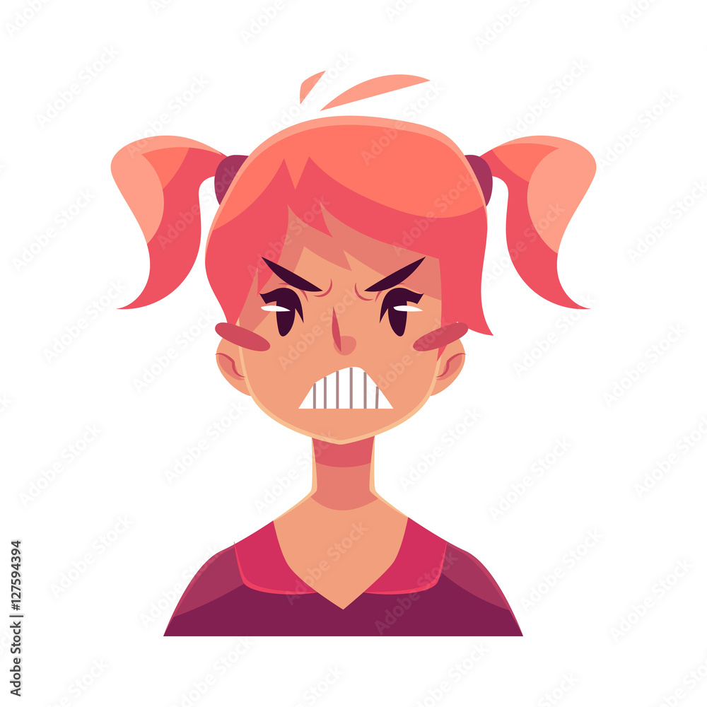 Teen girl face, angry facial expression, cartoon vector illustrations  isolated on white background. Red-haired girl emoji face, feeling  distresses, frustrated, sullen, upset. Angry face expression Stock Vector |  Adobe Stock