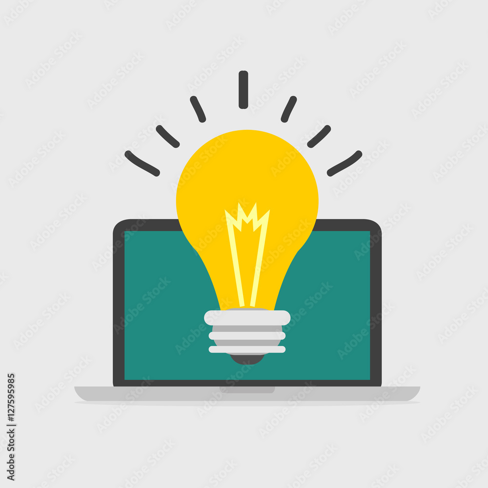 Flat design business concept Creative idea with light lamp bulb and computer, Vector illustrator Flat design business concept Creative idea with light lamp bulb and computer, Vector illustrator