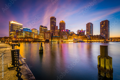 The Boston skyline at night  seen from Fort Point in South Bosto