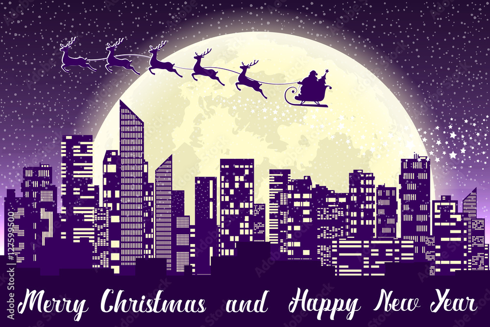 Merry Christmas banner. Santa Claus flying in sleigh with reindeers over panorama of the city. Silhouettes skyscrapers on background of moon and snow. Concept poster, flyer or greeting card. Vector