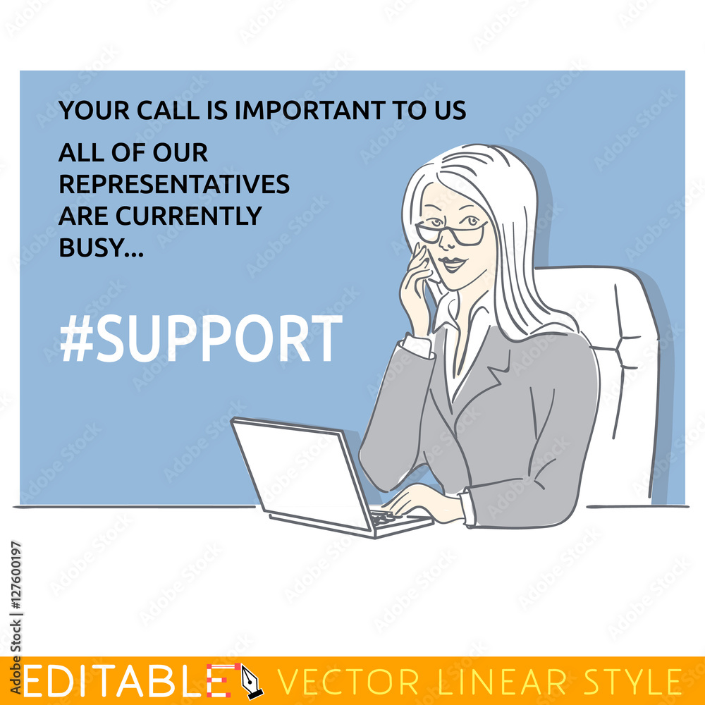 Business Woman Sitting Behind Laptop And Speaking On The Phone Meme Card Editable Outline Sketch Stock Vector Illustration Stock Vector Adobe Stock