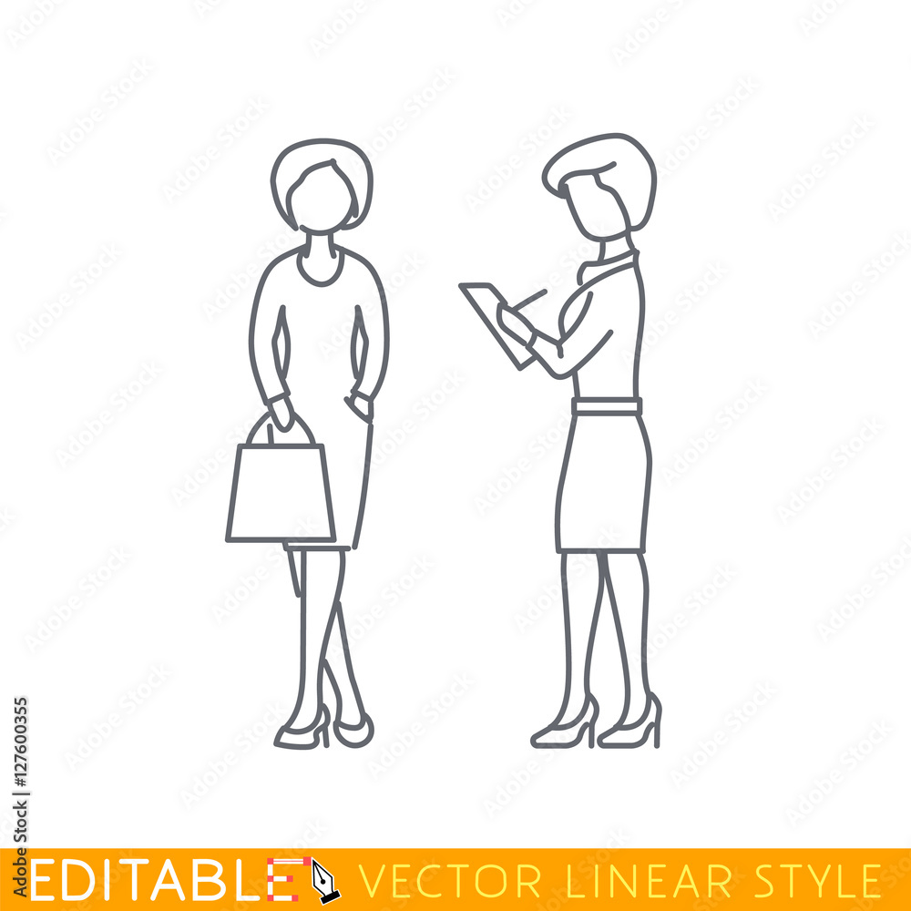 Interview with the buyer. Editable outline sketch icon. Stock vector illustration.