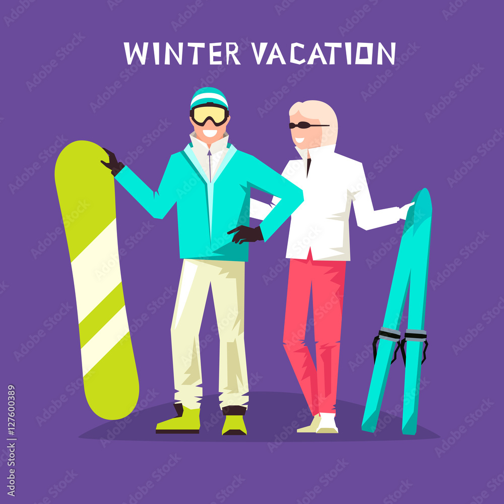 winter sports. couple on vacation. vector illustration winter sports. couple on vacation. vector illustration