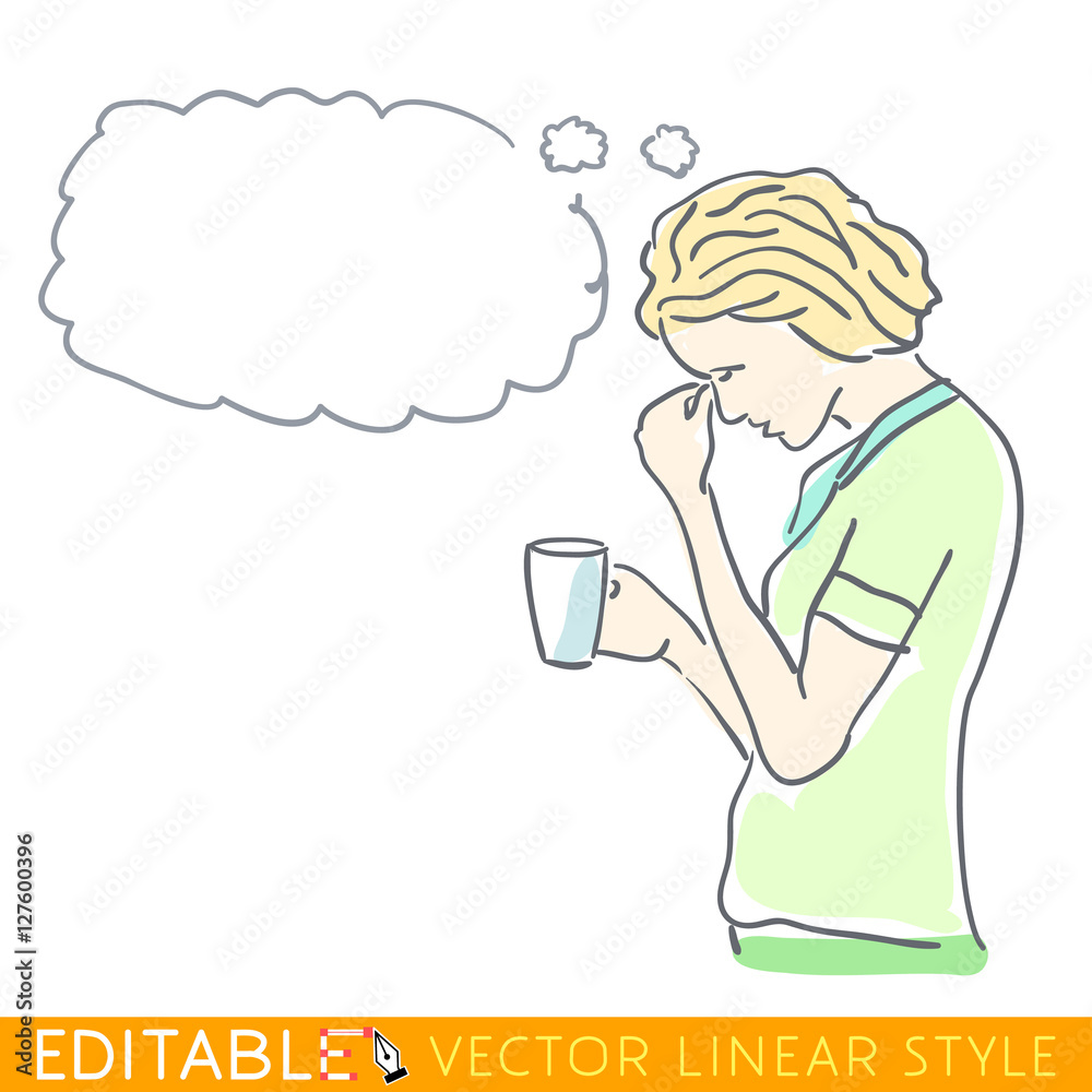 Lost in thought person. Pensive lonely woman hold a cup. Editable outline sketch. Stock vector illustration. Lost in thought person. Pensive lonely woman hold a cup. Editable outline sketch. Stock vector illustration.