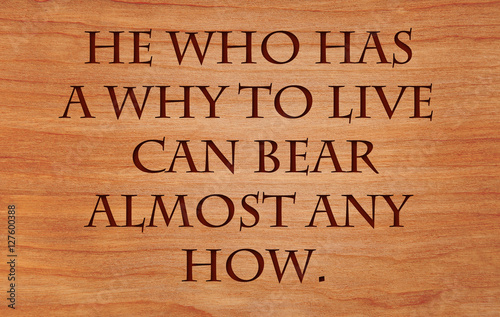 He who has a why to live can bear almost any how. - quote on wooden red oak background