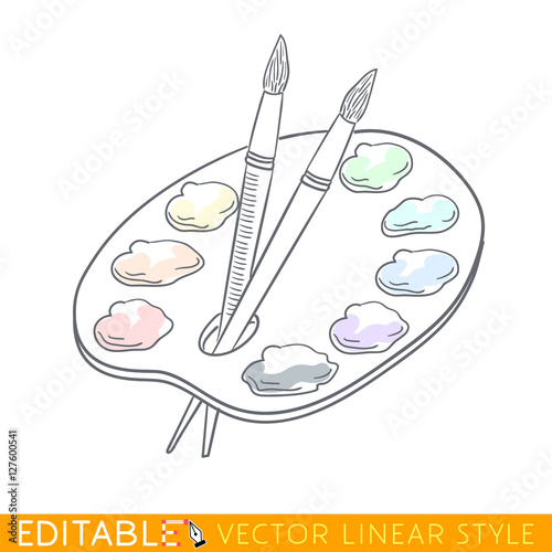 Artist's palette with paints and brushes. Editable outline sketch. Stock vector illustration.