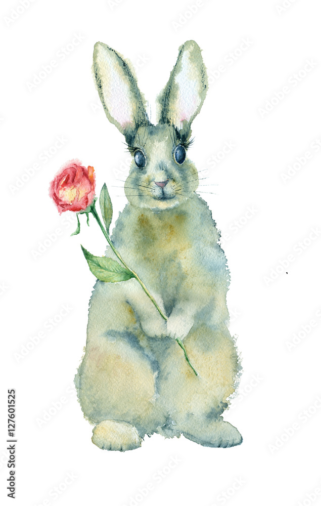 Fototapeta premium Watercolor painting. Gray rabbit with flower on a white background in vintage style.