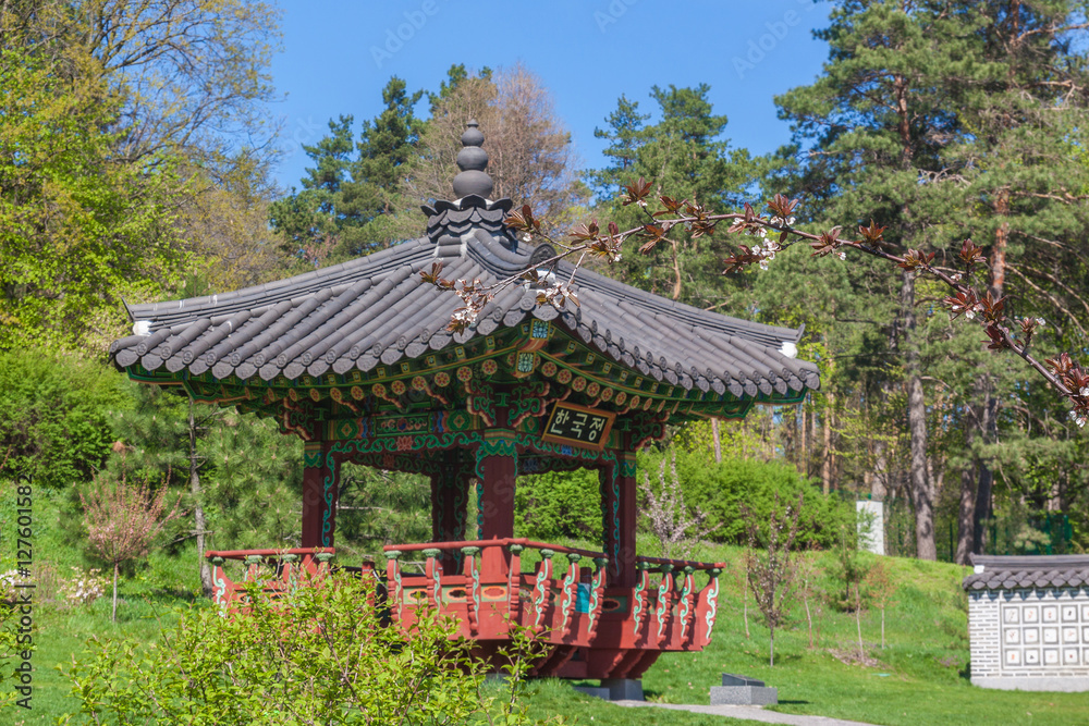 Korean traditional garden and pagoda in a public garden in Kiev