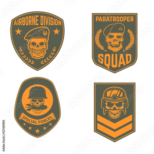 Set of military emblems templates. Skull in paratrooper beret. Skull in soldier helmet.  Design element for logo, label, emblem, sign, brand mark. Vector illustration.