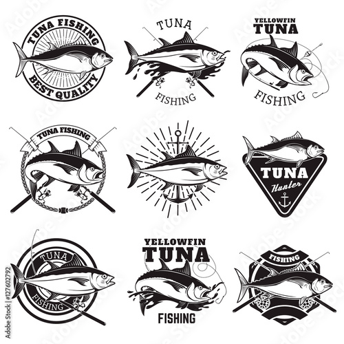 Tuna fishing labels isolated on white background. Design elements for logo, emblem, sign, badge. Vector illustration. photo