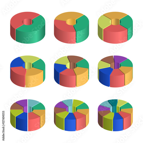 Set of bulk isometric pie charts. Templates realistic three-dimensional pie charts. Business data, colorful elements for infographics. Vector