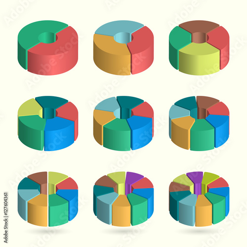 Set of bulk isometric pie charts with rounded contour. Templates realistic three-dimensional pie charts. Business data, colorful elements for infographics. Vector