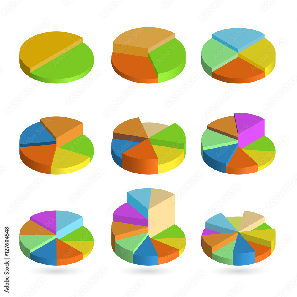 Set of bulk isometric pie charts different heights. Templates realistic three-dimensional pie charts. Business data, colorful elements for infographics. Vector Set of bulk isometric pie charts different heights. Templates realistic three-dimensional pie charts. Business data, colorful elements for infographics. Vector