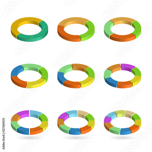 Set of bulk isometric pie charts in ring form. Templates realistic three-dimensional pie charts. Business data, colorful elements for infographics. Vector