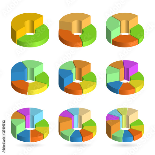 Set of bulk isometric pie charts different heights. Templates realistic three-dimensional pie charts. Business data, colorful elements for infographics. Vector