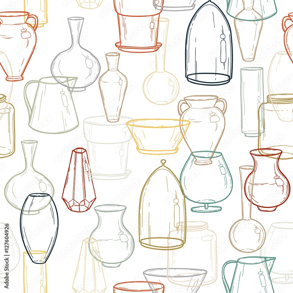 Seamless background with silhouettes of vases. Hand drawing. Vector illustration.