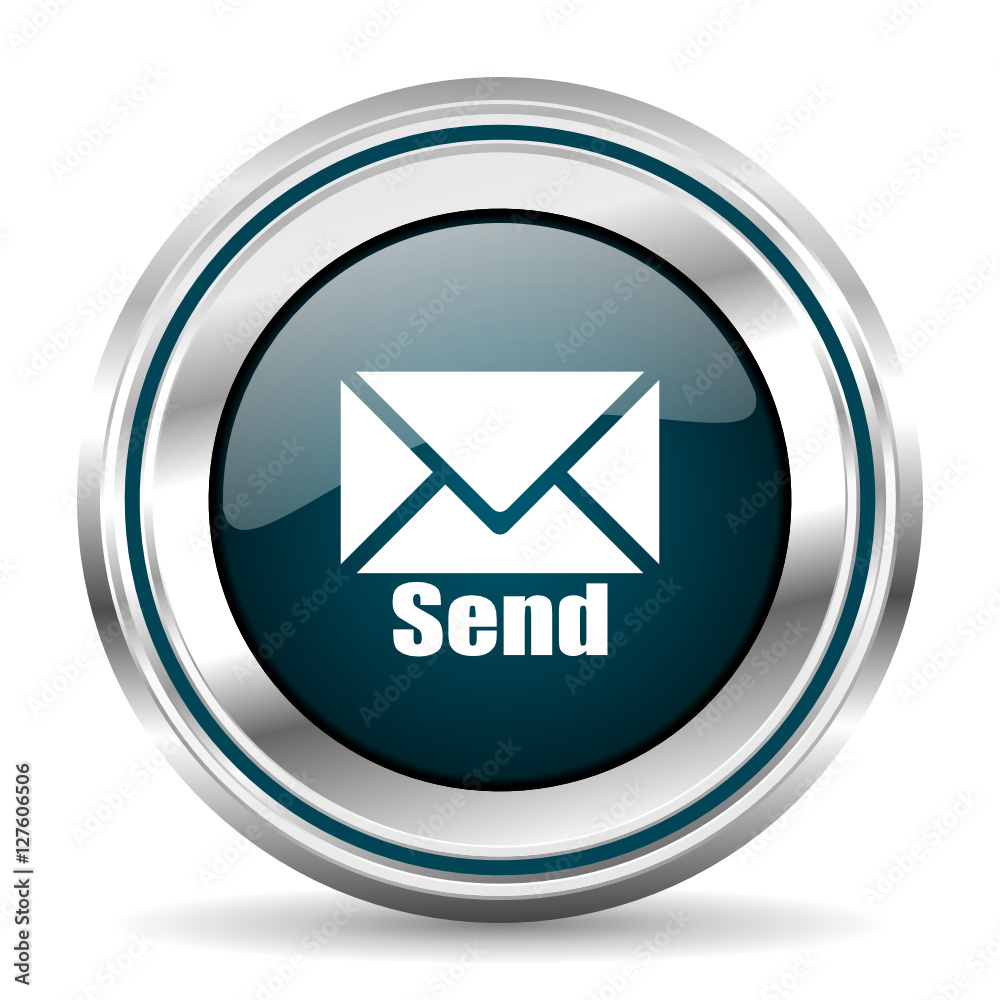 Round silver send metallic vector icon. Round silver send metallic vector icon.