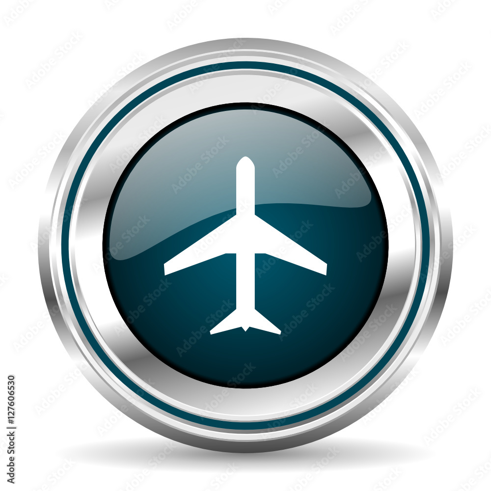 Round silver plane metallic vector icon.