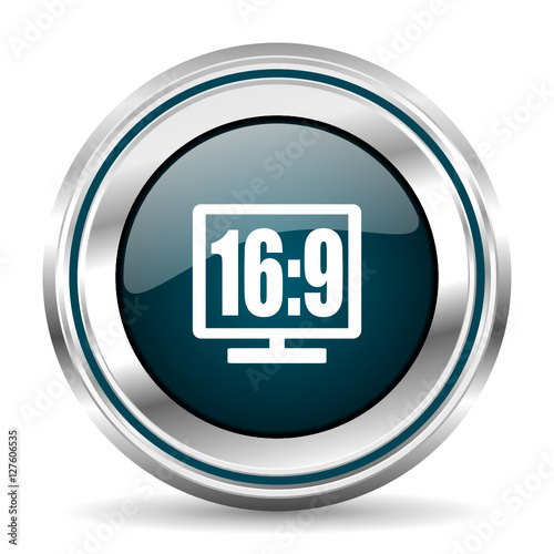 Round silver 16 9 display metallic vector icon.