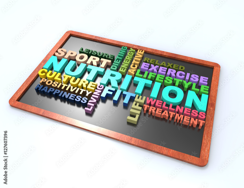 Nutrition 3d wordclouds on blackboard concept