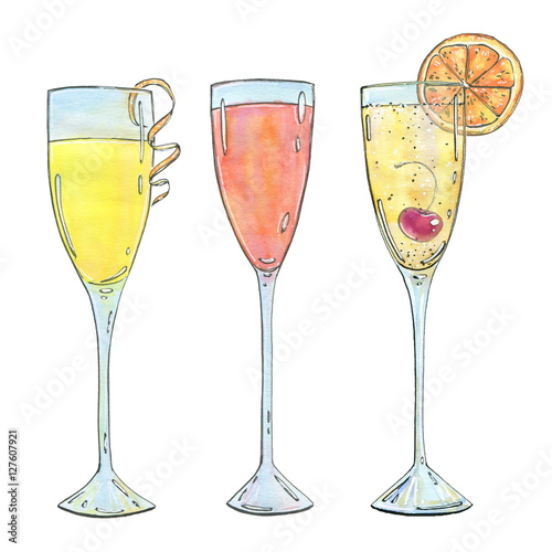 hand drawn set of watercolor cocktails Mimosa Bellini Champagne