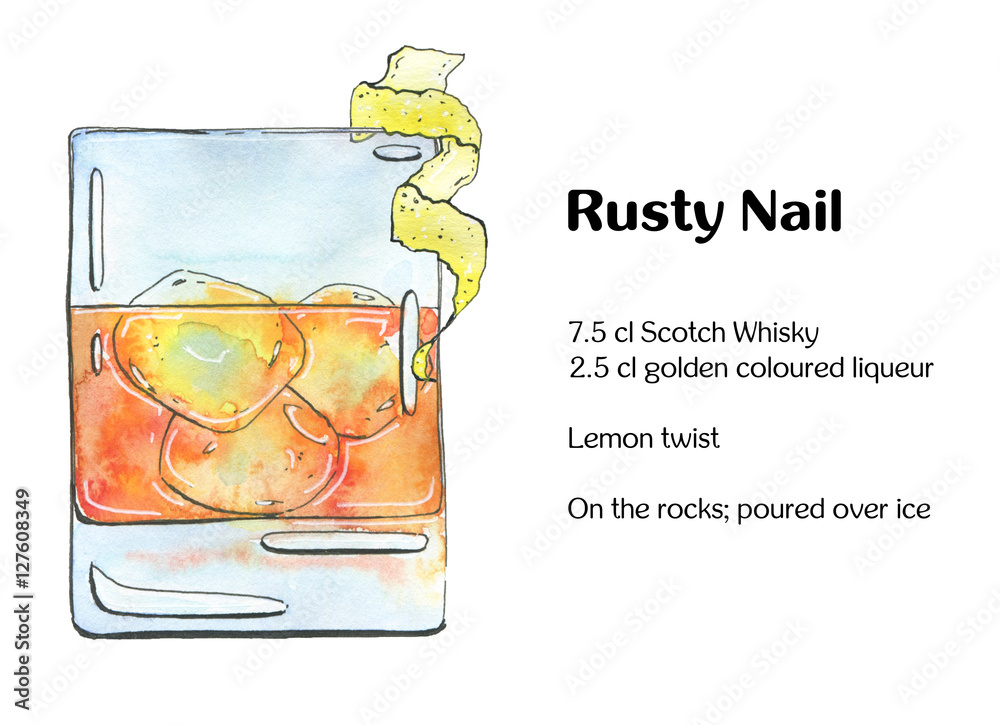 Foto Stock hand drawn watercolor cocktail Rusty Nail on white background |  Adobe Stock