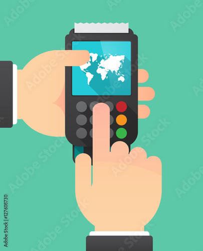 Hands with a dataphone with a world map