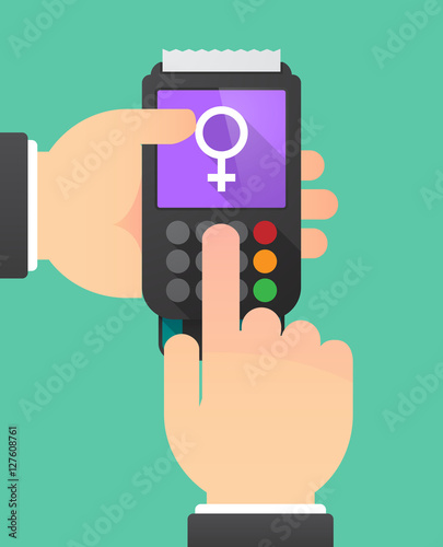 Hands with a dataphone with a female sign