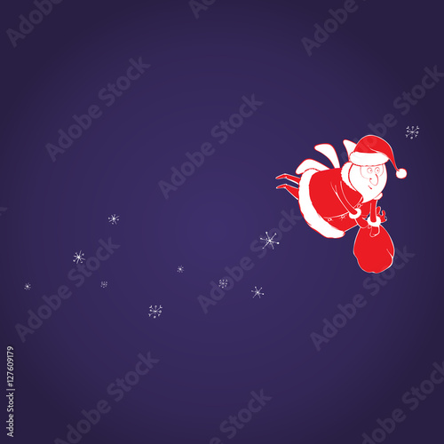 Santa Claus with bag of gifts and presents. Flying Santa on blue sky background with snowflakes. Vector Illustration